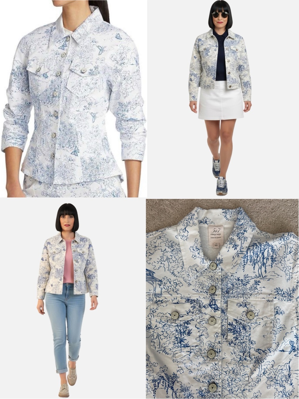 cinq a sept Floral Toile Pocket Button Jacket/Shirt - Cream with Navy Print